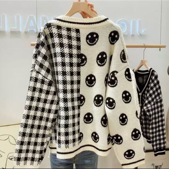 Smiley face cardigan sweater knit black and cream white stripe v-neck happy face - Picture 2 of 7